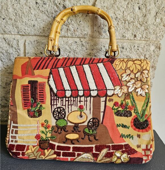 Isabella Fiore Handbags - Isabella Fiore French Cafe Embellished Beaded Bamboo Handle Satchel Bag